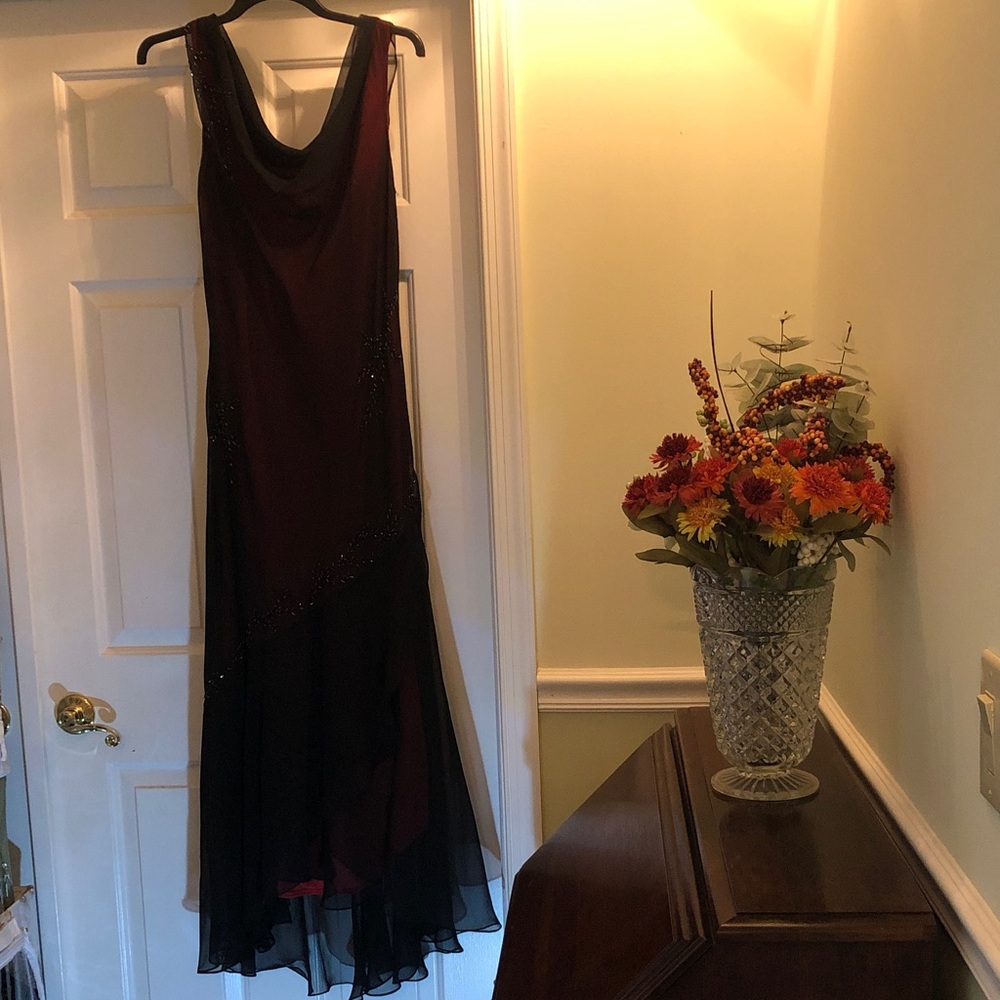Women's Red Evening Dress with Black Sheer Overlay
